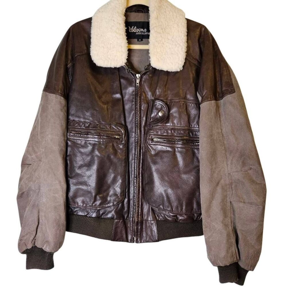 Wilsons vintage brown leather& cotton canvas bomber/aviator jacket. Size 46.